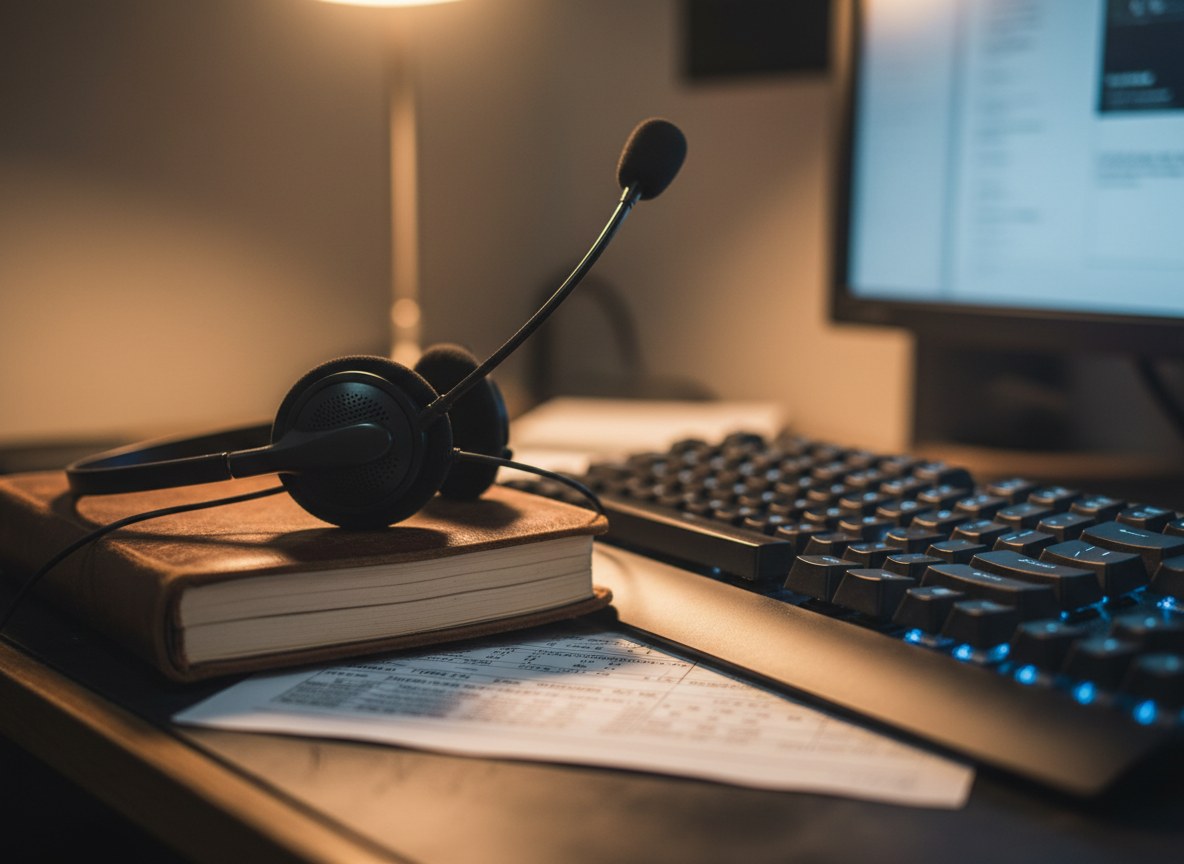 A phone headset resting on a notebook beside a keyboard on a broker's desk, a printed rate sheet out of focus beneath it, lit by a desk lamp.