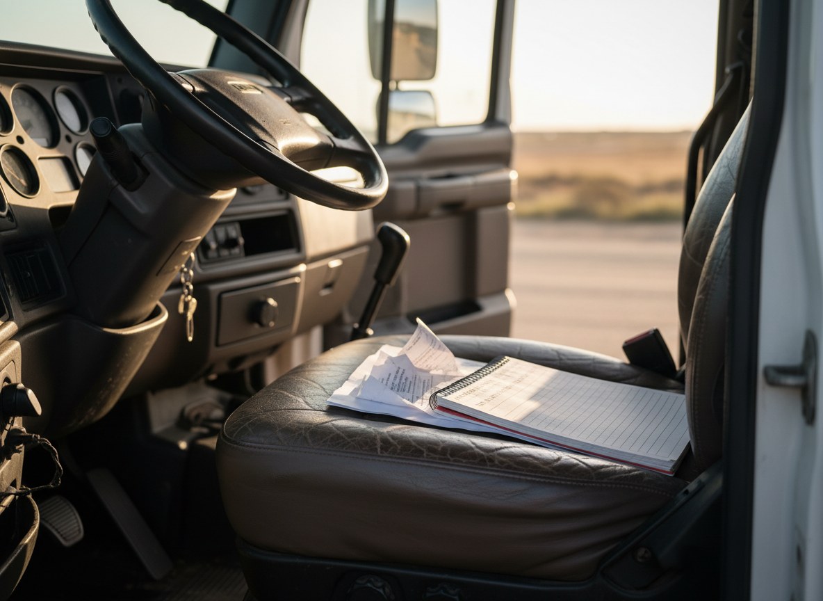 A rate confirmation sheet and logbook resting on the seat of a truck cab, seen through the open door.